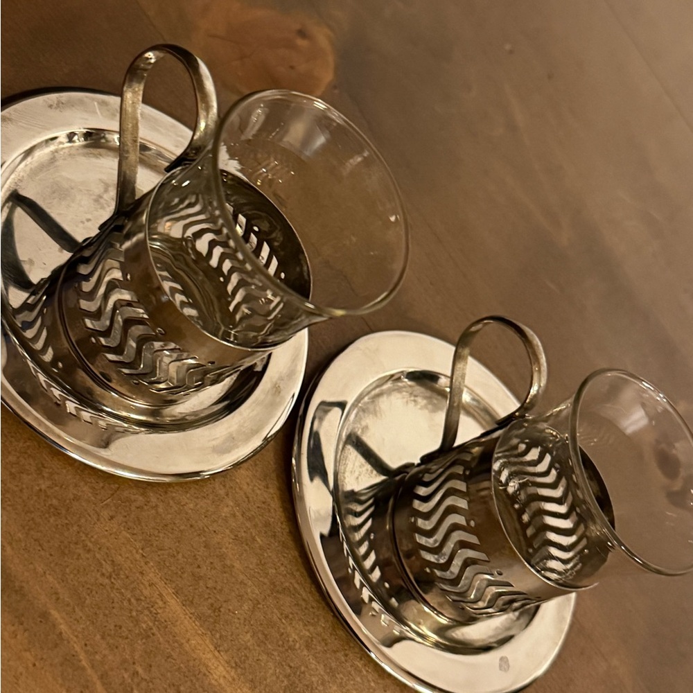 Set of 2 Mid Century Silver & Glass Espresso Cups